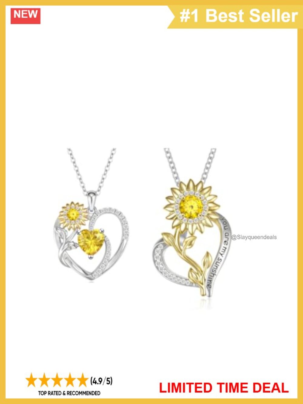 925 Sterling Silver 14K Gold Plated Sunflower Heart Necklace Set